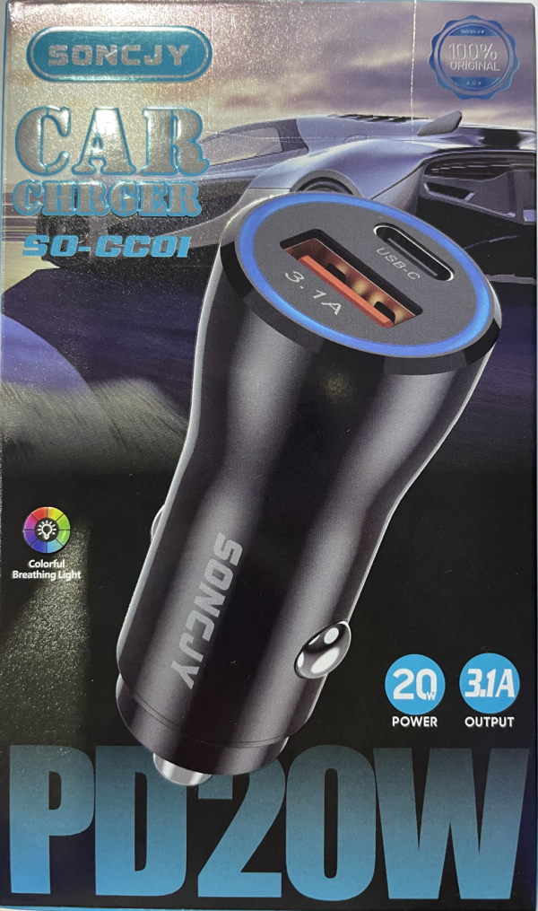⁦شاحن سيارة بمنفذين USB (USB-A QC 3.1 + USB-C PD) – 20 واط⁩ - الصورة ⁦2⁩