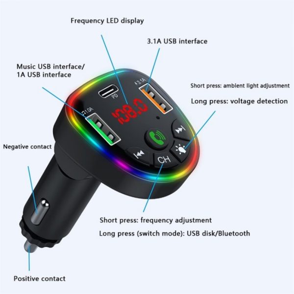 ⁦جهاز P25 مشغل سيارة FM بلوتوث 5.3 مع شاحن USB مزدوج (يشمل Type-C) بقدرة 3.1 أمبير⁩ - الصورة ⁦3⁩