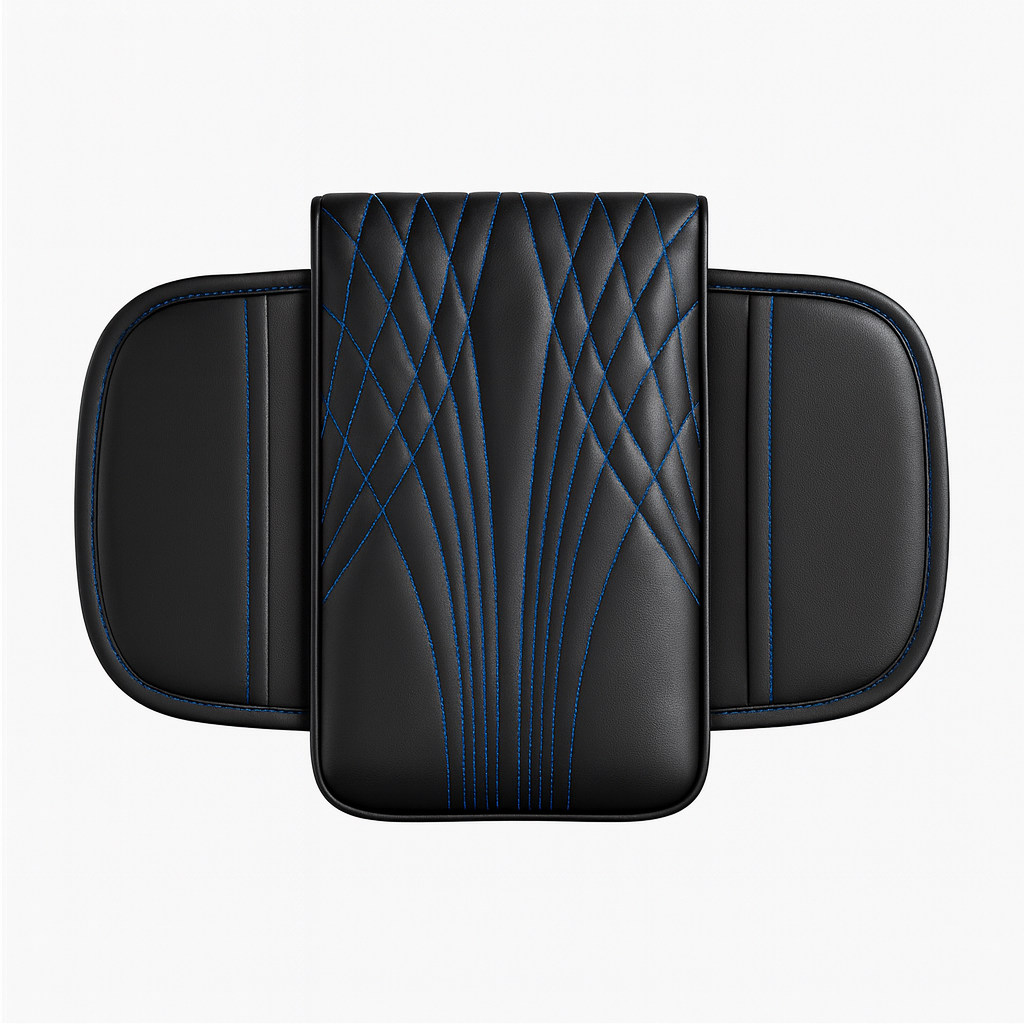 مخدع ذراع سيارة بجيوب جانبية – جلد صناعي أسود – خياطة مائلة باللون الأزرق