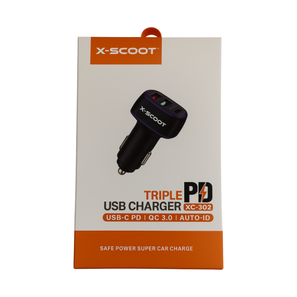 ⁦شاحن سيارة X-SCOOT ثلاثي المنافذ – موديل XC-302 مع شحن سريع وآمن⁩ - الصورة ⁦2⁩