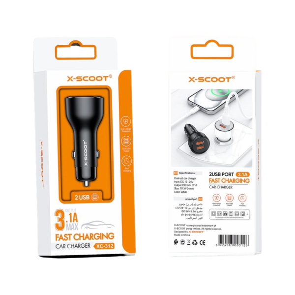 ⁦شاحن سيارة بمنفذين USB من X-SCOOT لون ابيض – يدعم الشحن السريع – موديل XC-312⁩ - الصورة ⁦2⁩