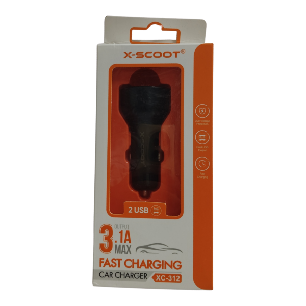 ⁦شاحن سيارة بمنفذين USB من X-SCOOT لون اسود – يدعم الشحن السريع – موديل XC-312⁩ - الصورة ⁦2⁩