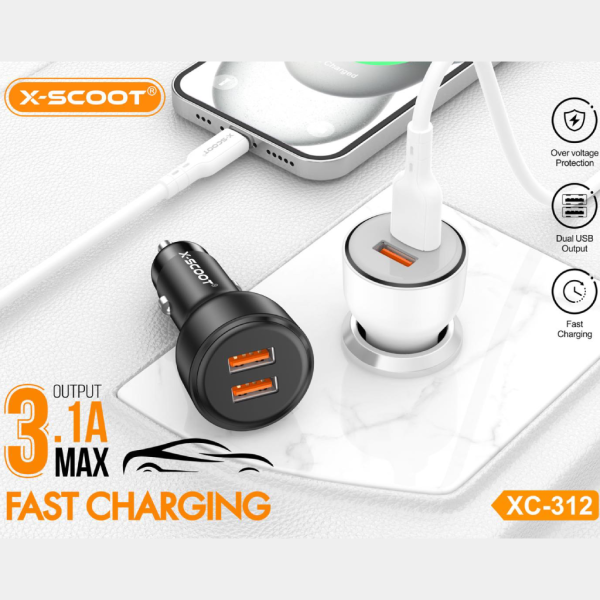 ⁦شاحن سيارة بمنفذين USB من X-SCOOT لون ابيض – يدعم الشحن السريع – موديل XC-312⁩ - الصورة ⁦3⁩