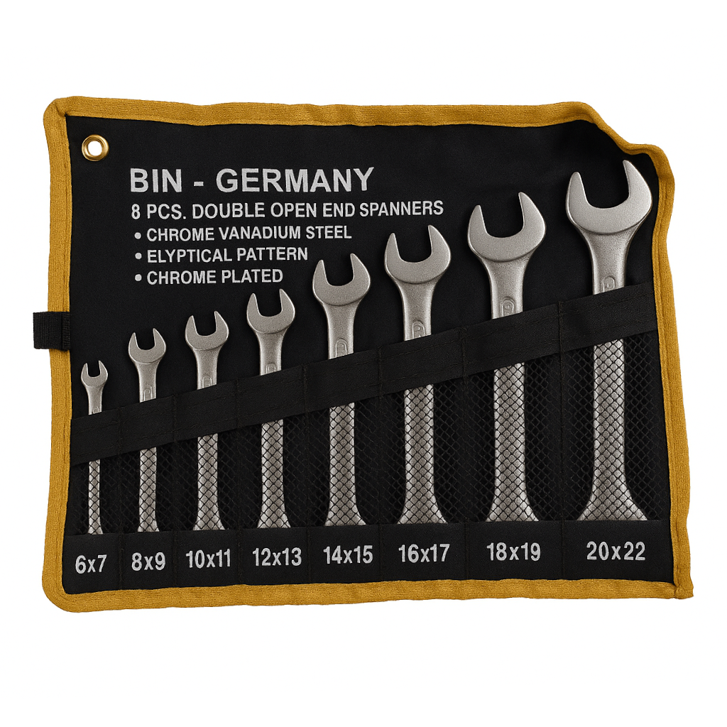 DIN GERMANY طقم مفاتيح مفتوحة مزدوجة – 8 قطع – فولاذ كروم فاندوم