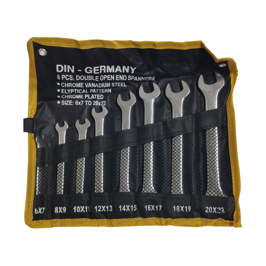 DIN GERMANY طقم مفاتيح مفتوحة مزدوجة – 8 قطع – فولاذ كروم فاندوم - الصورة 4
